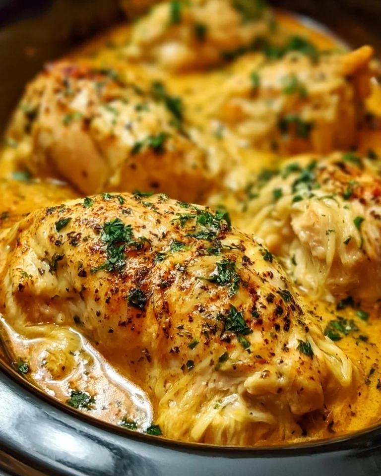 Delicious Angel Chicken cooked in a slow cooker with creamy sauce and herbs