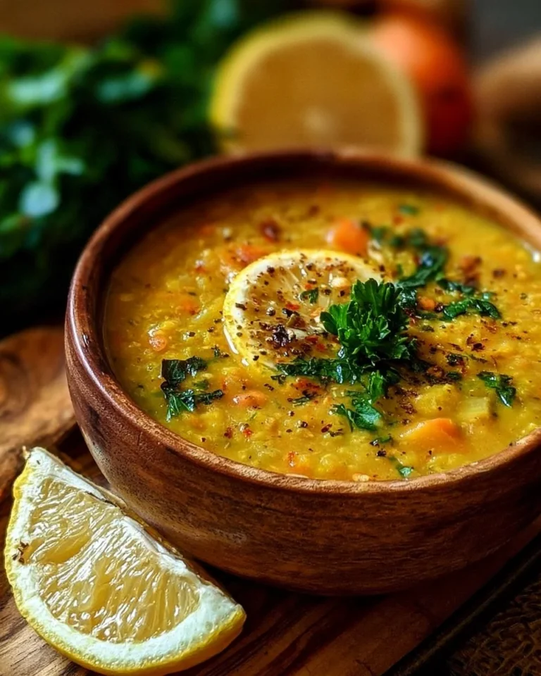 Bowl of anti-inflammatory lemon lentil soup garnished with herbs