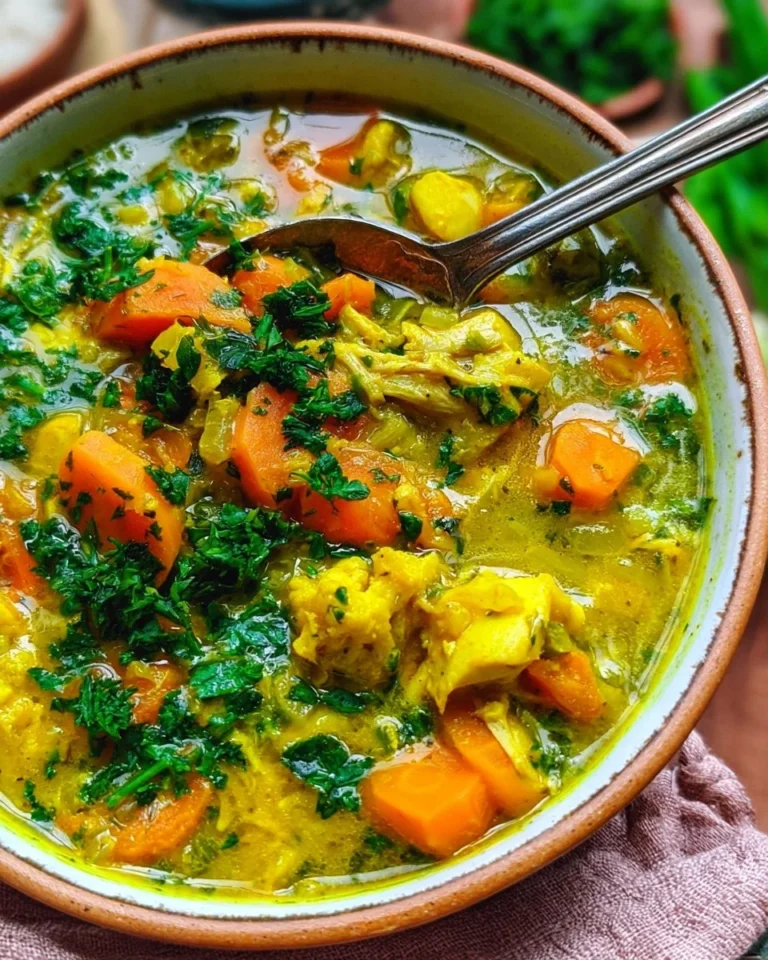 Bowl of anti-inflammatory turmeric chicken soup with herbs and spices