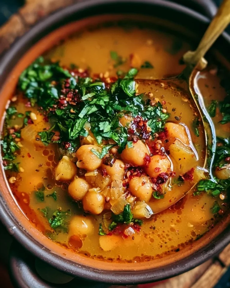 Bowl of authentic Moroccan chickpea soup garnished with herbs and spices