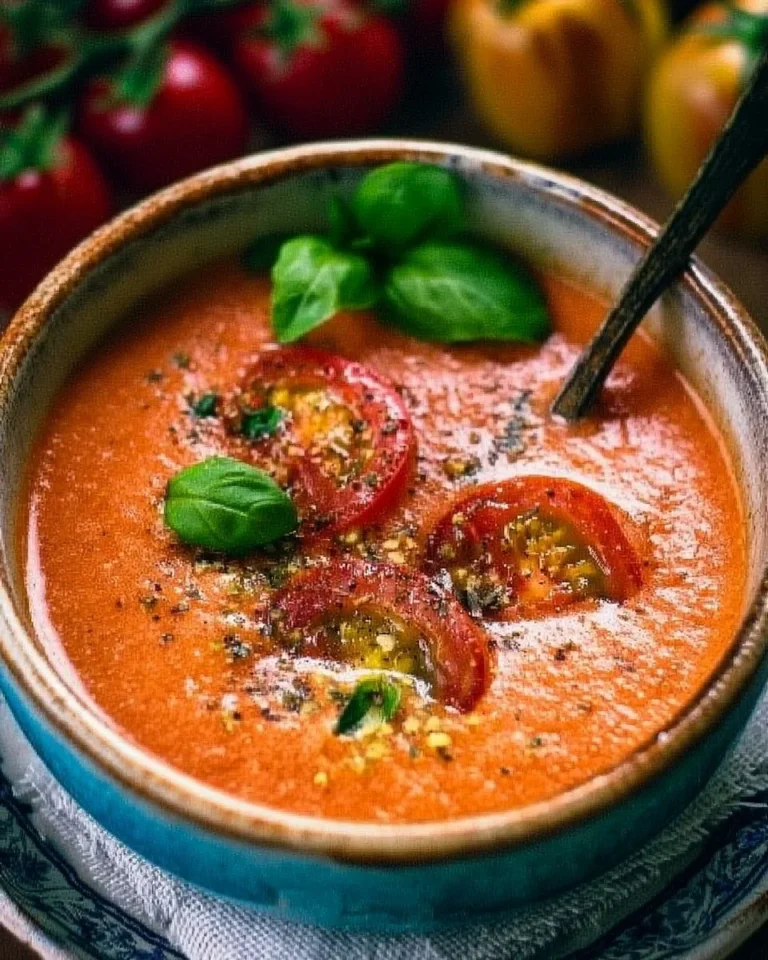 Bowl of authentic Tomato Gazpacho garnished with fresh vegetables and herbs