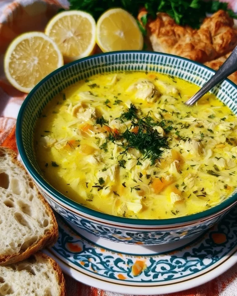 Bowl of Avgolemono, Greek lemon chicken soup garnished with herbs.