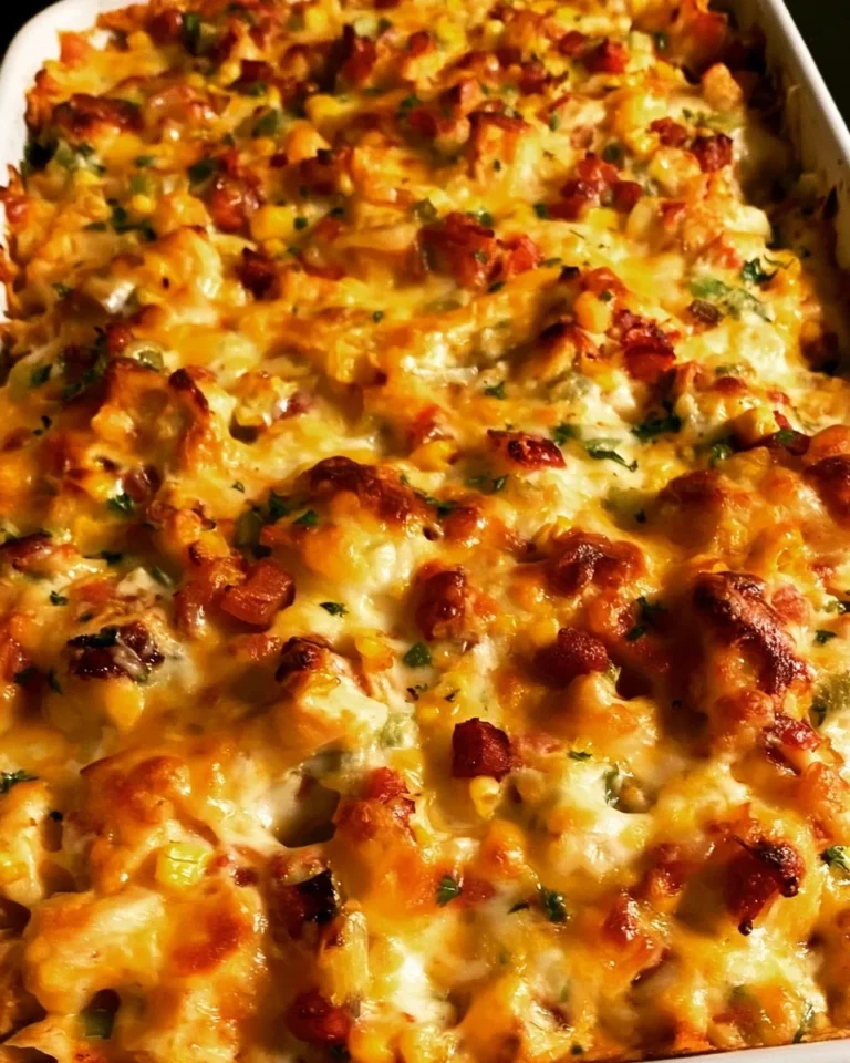 BBQ Chicken Southwest Casserole topped with cheese and peppers