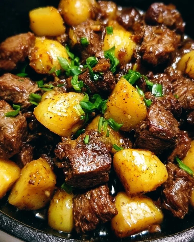 Beef bites with garlic butter and potatoes on a plate