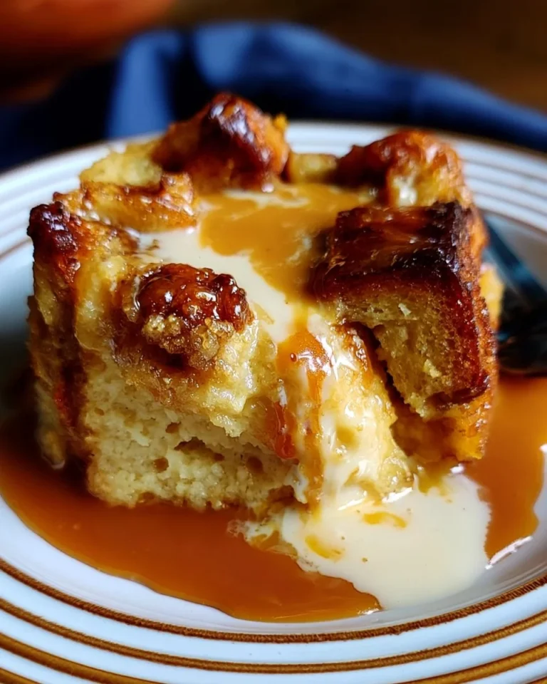 Delicious bread pudding with vanilla caramel sauce served in a dish