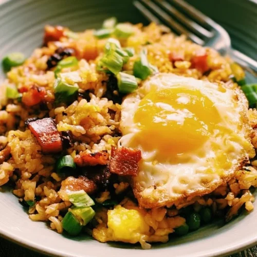 Delicious breakfast fried rice served in a bowl, garnished with green onions.