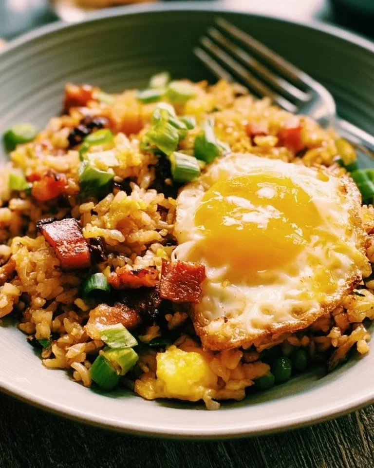 Delicious breakfast fried rice served in a bowl, garnished with green onions.