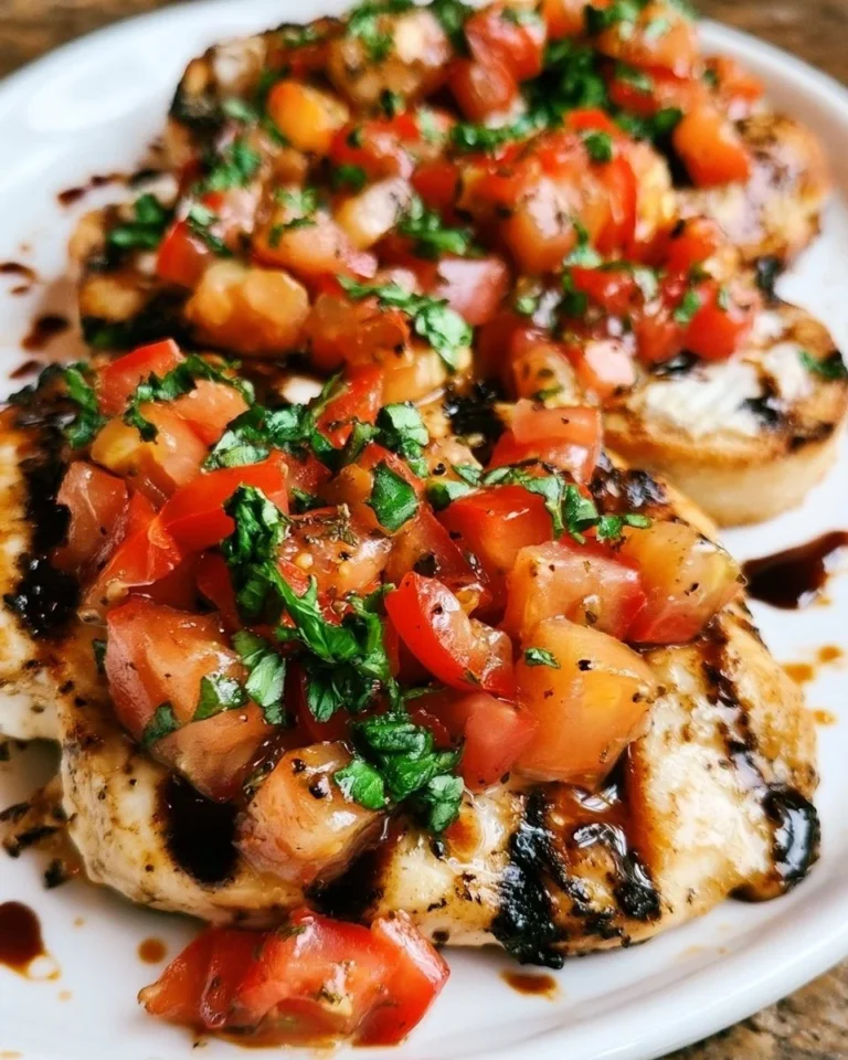 Delicious Bruschetta Chicken with fresh tomatoes and basil topping on grilled chicken breast