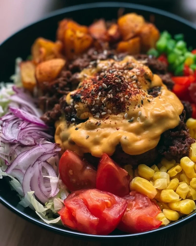 Delicious Burger Bowl filled with fresh ingredients and flavorful toppings