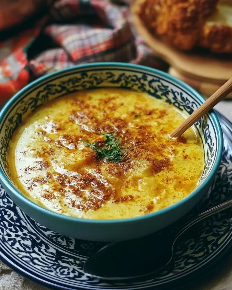Bowl of creamy Cauliflower Soup with Cumin and Turmeric garnished with herbs.