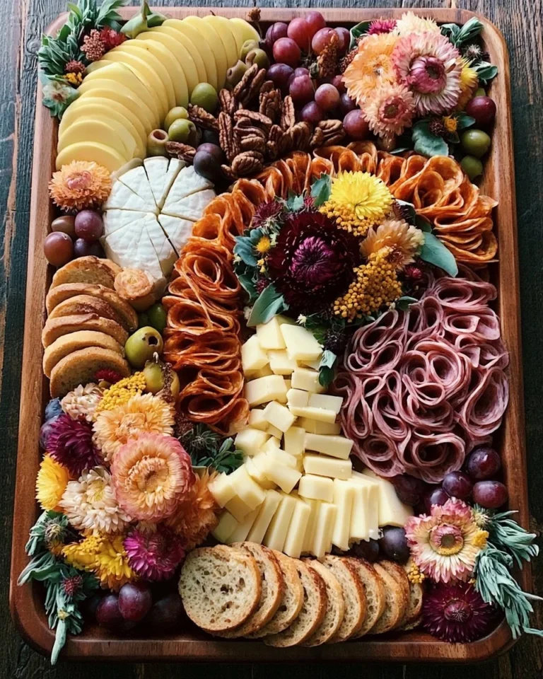 Beautifully arranged charcuterie board with floral accents and themed presentation.