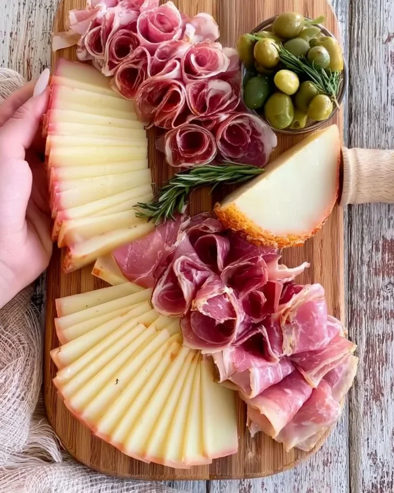 Beautifully styled charcuterie board featuring meats, cheeses, and fruits.