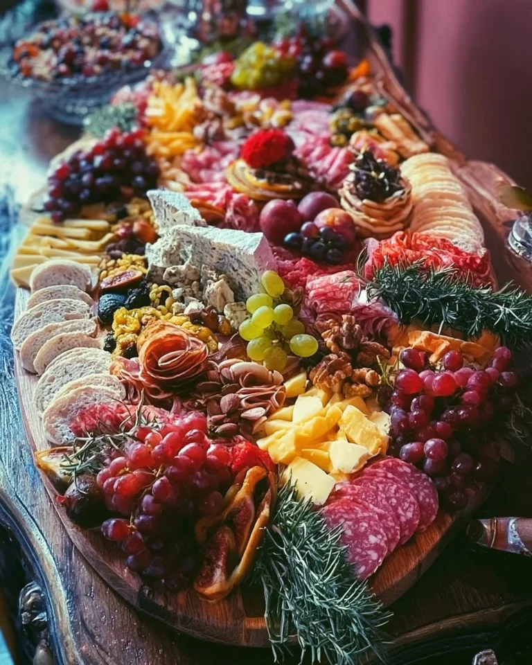 A beautifully arranged charcuterie board with meats, cheeses, and fruits.