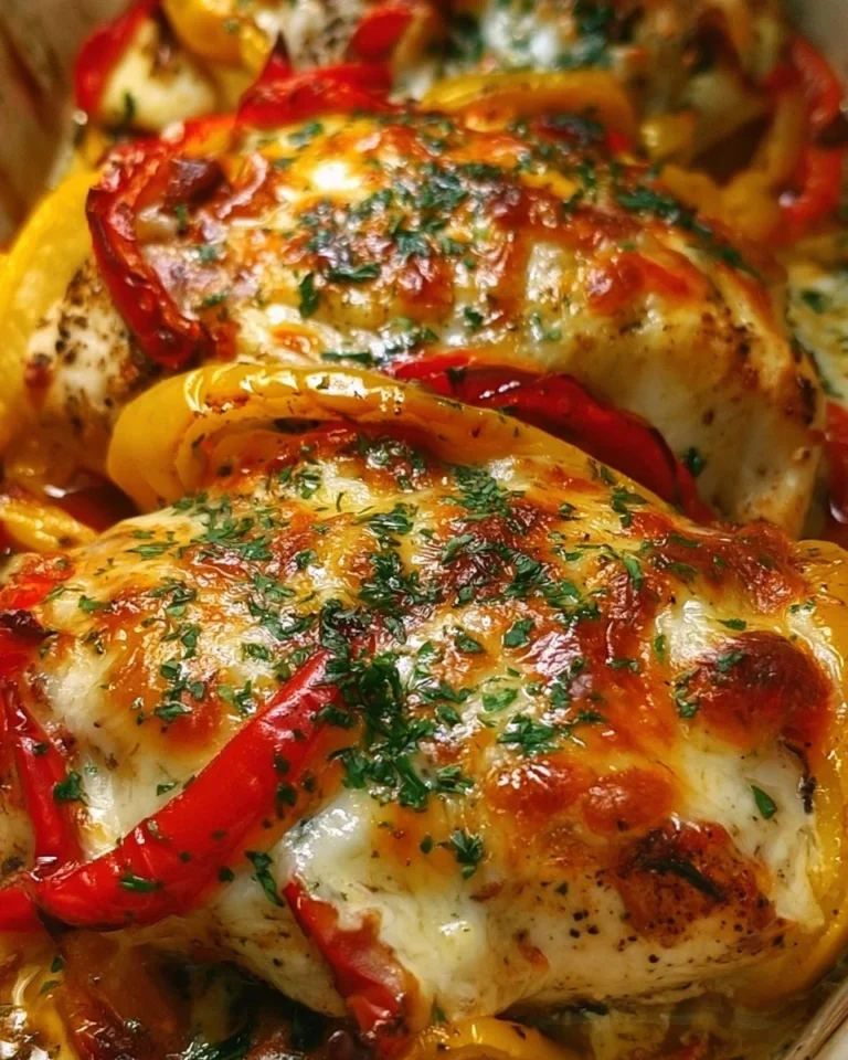 Cheesy baked chicken topped with roasted peppers, served on a plate
