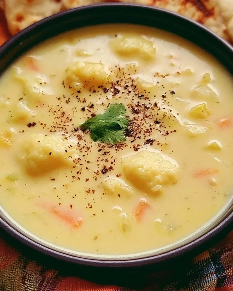 Delicious bowl of cheesy cauliflower soup topped with fresh herbs