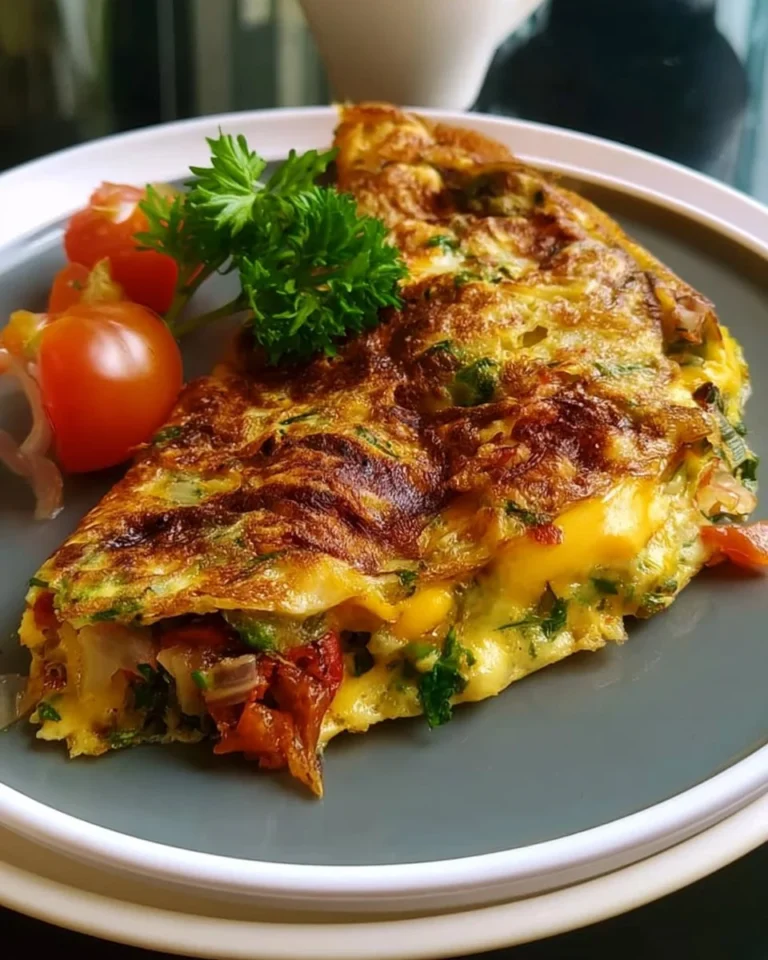 Cheesy veggie omelette with colorful vegetables and melted cheese on a plate.