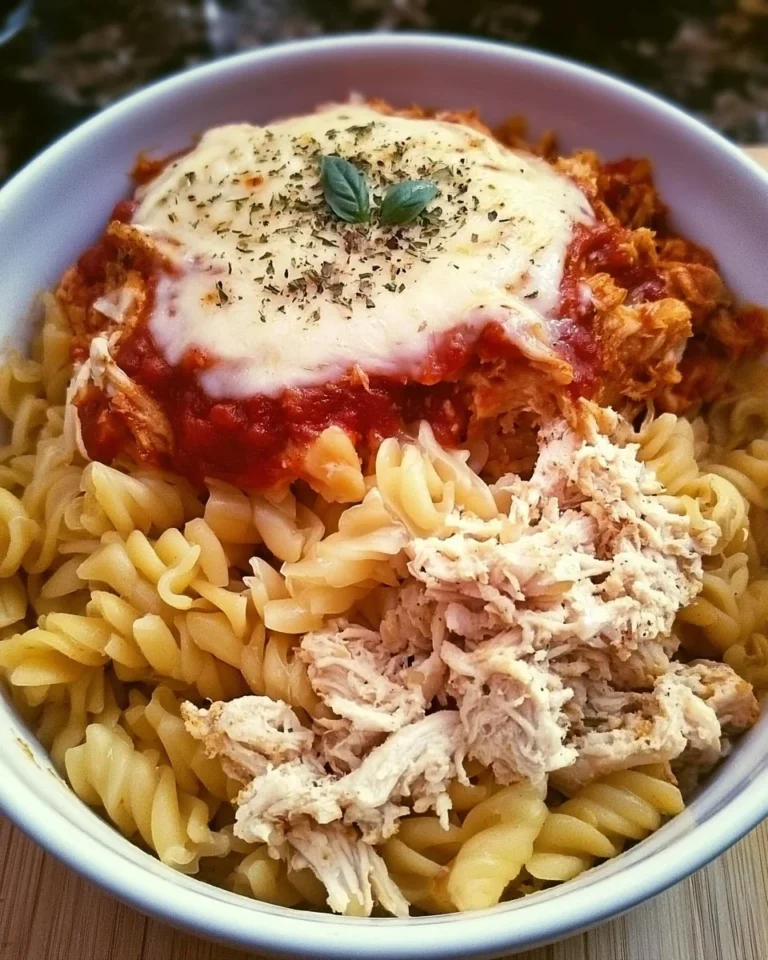 Delicious Chicken Parmesan Pasta Casserole topped with melted cheese