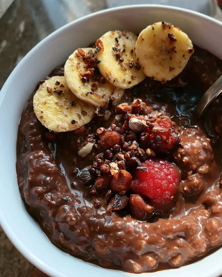 A bowl of chocolate oatmeal topped with fresh berries and nuts