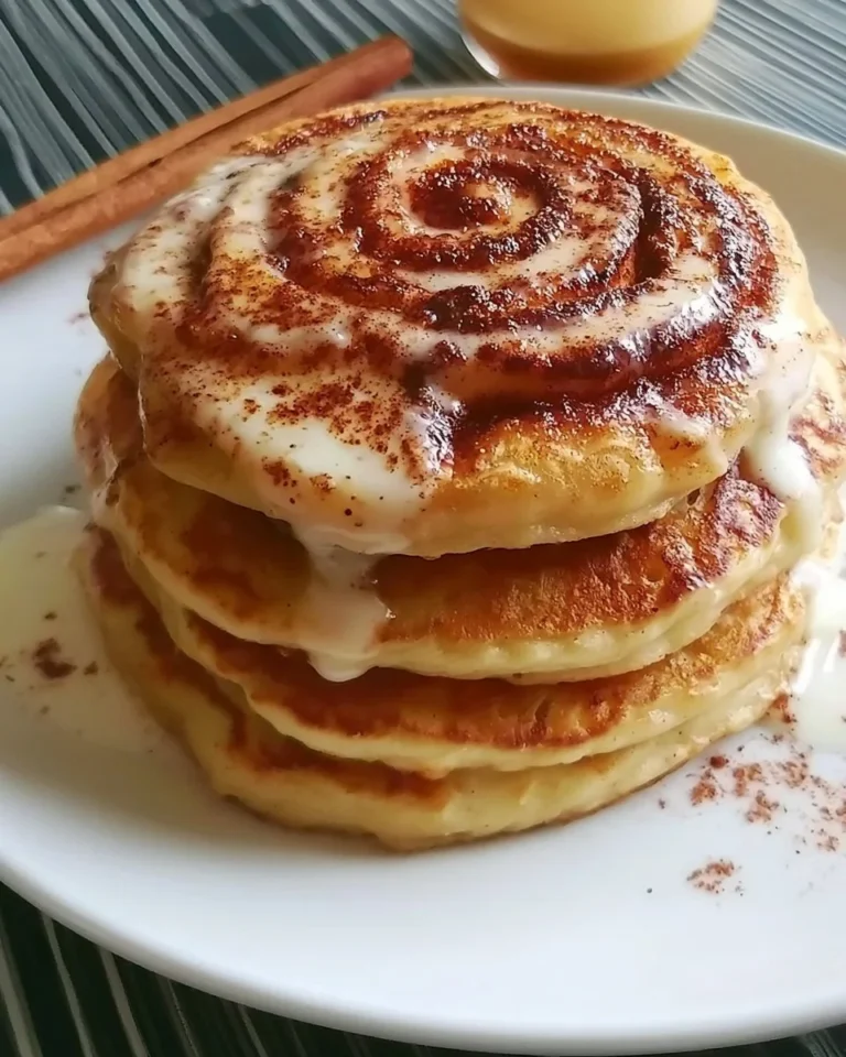 Fluffy cinnamon roll pancakes drizzled with icing on a plate