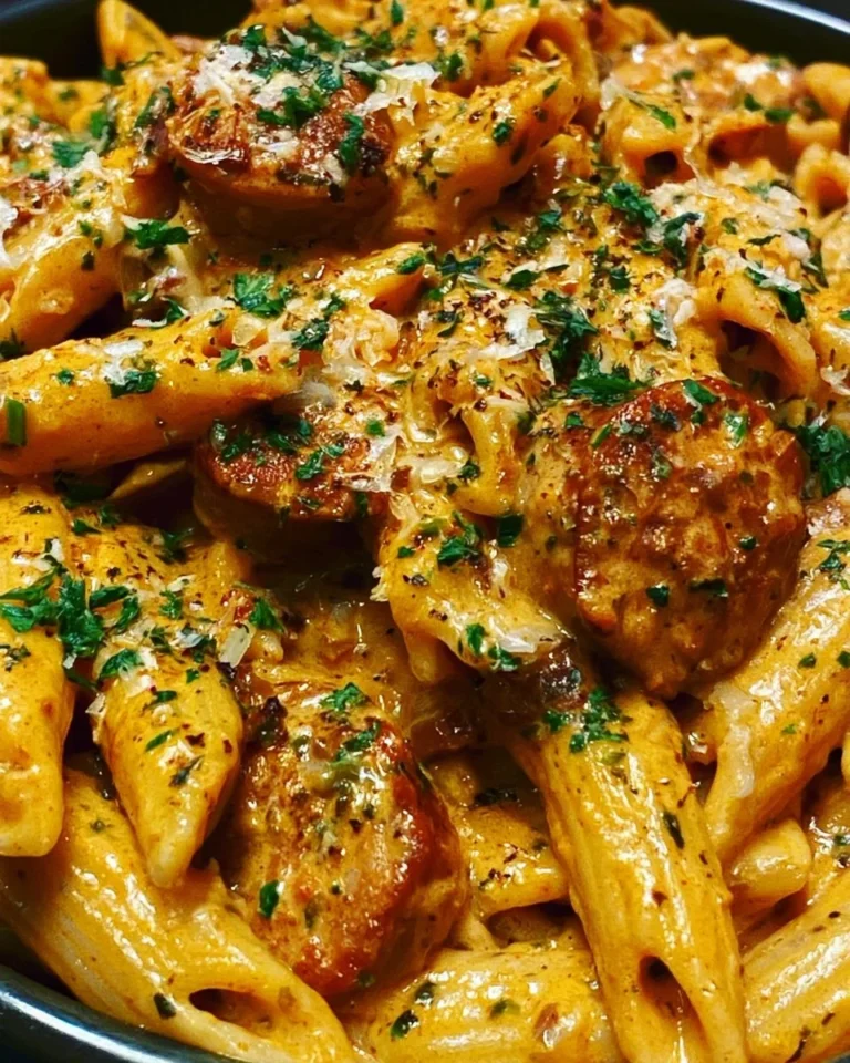 Creamy Cajun sausage pasta served in a bowl with herbs and spices