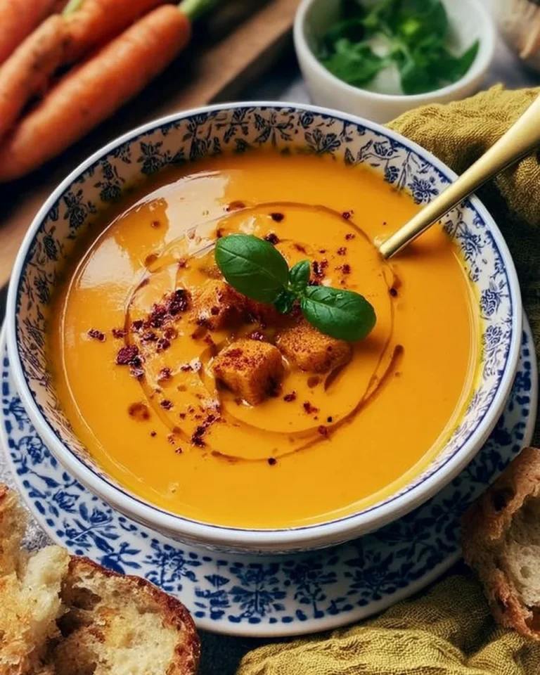 Bowl of creamy carrot soup garnished with ginger and turmeric