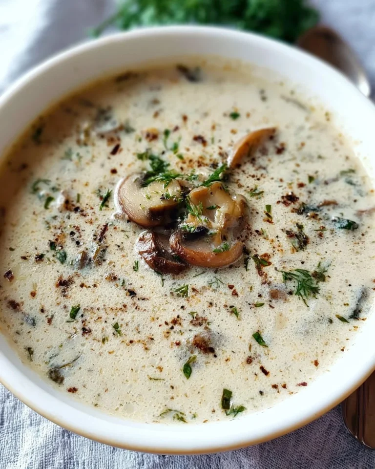 Bowl of creamy mushroom soup garnished with fresh herbs