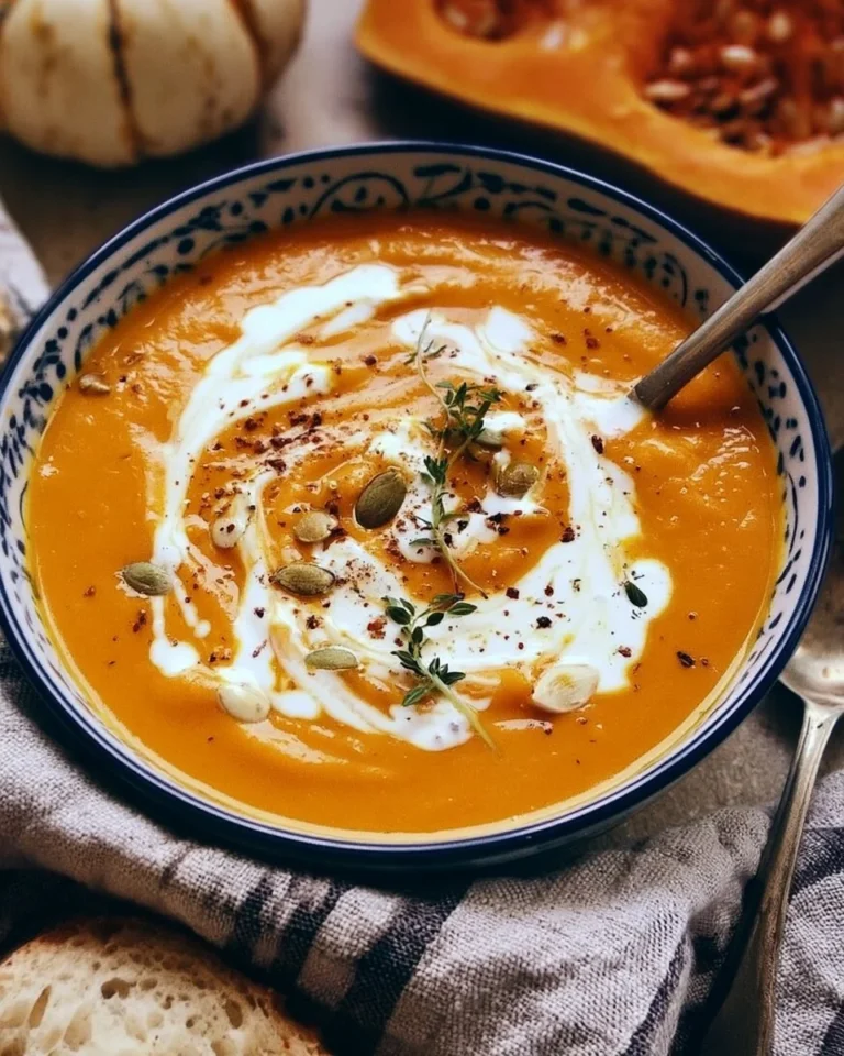 Creamy pumpkin and sweet potato soup in a bowl with herbs
