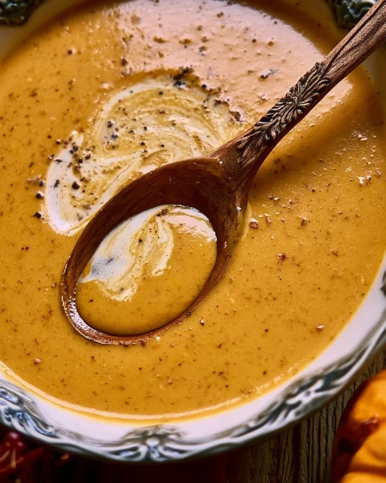 Creamy roasted apple pumpkin soup served in a bowl, garnished with herbs.