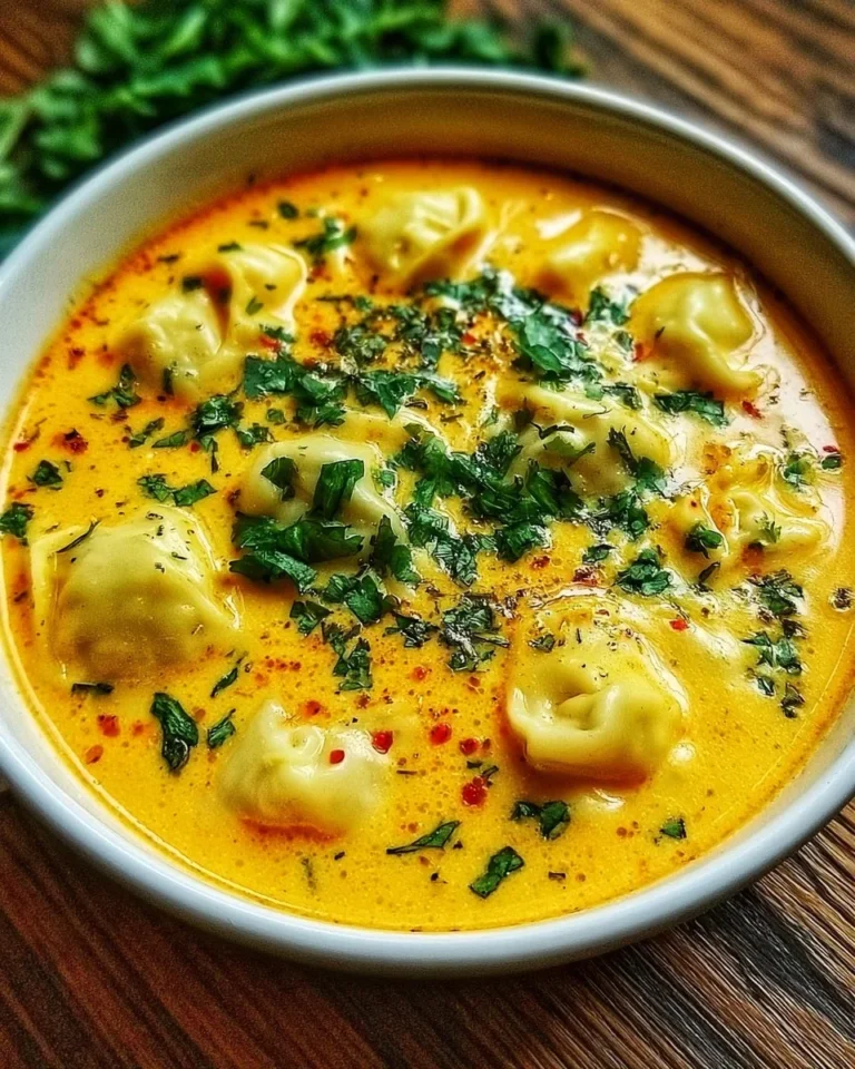 Bowl of creamy Thai dumpling soup with fresh herbs and spices