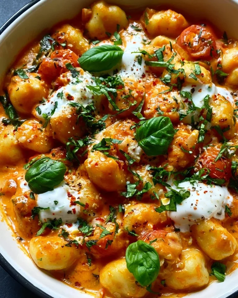 Creamy tomato gnocchi served in a bowl, garnished with fresh basil.