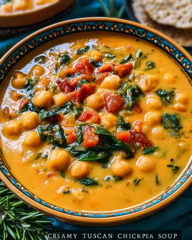 Bowl of creamy Tuscan Chickpea Soup garnished with herbs