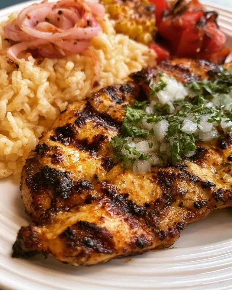 Plate of delicious Cuban Grilled Chicken breast with herbs and spices