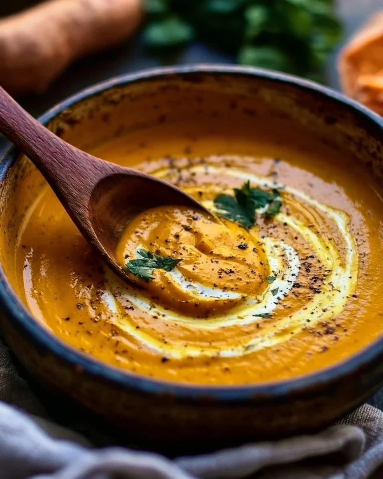 Bowl of curried sweet potato soup garnished with herbs and spices.