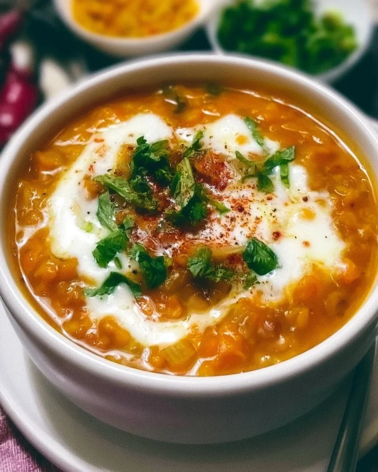 Detox Moroccan Lentil Soup in a bowl garnished with fresh herbs.