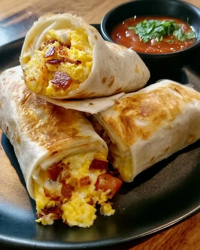 A homemade easy breakfast burrito filled with eggs, cheese, and vegetables