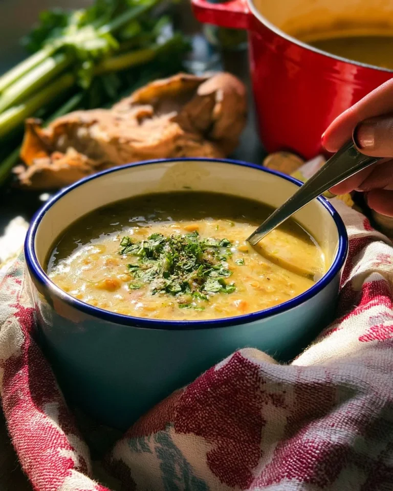 Bowl of easy celery and lentil soup with fresh herbs and vegetables