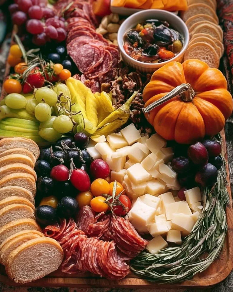 A festive fall charcuterie board with seasonal fruits, cheeses, and nuts.