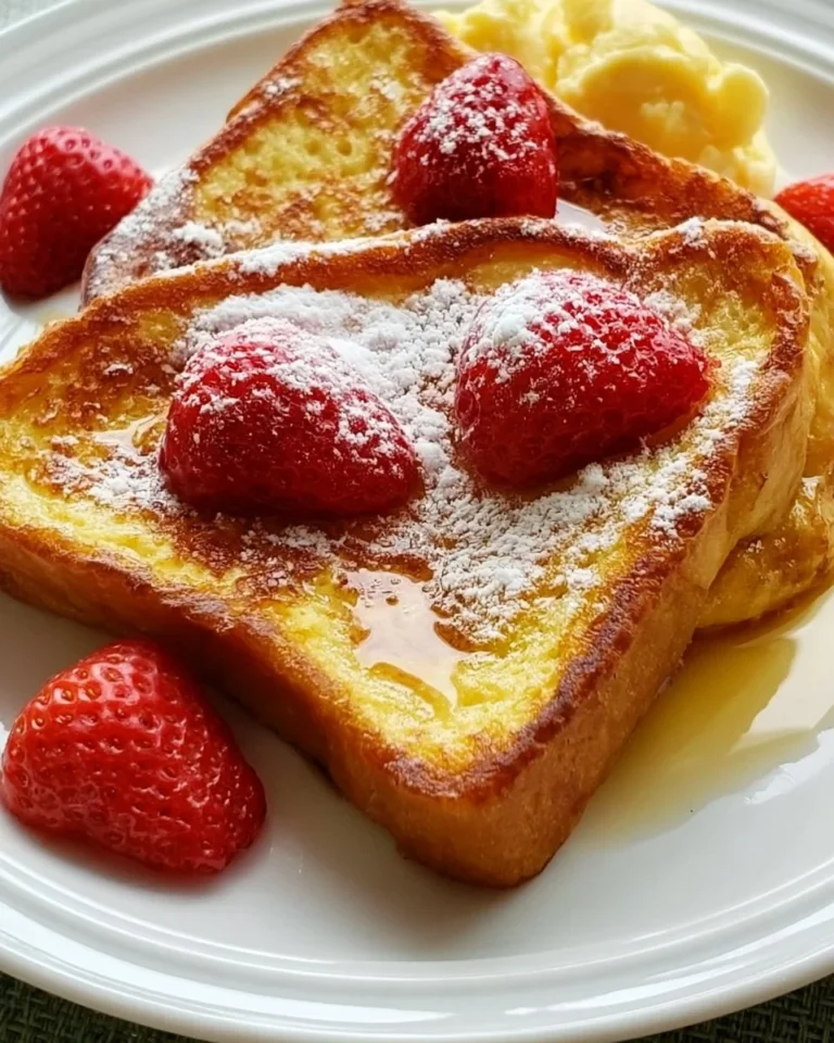 Delicious and easy French toast garnished with powdered sugar and berries