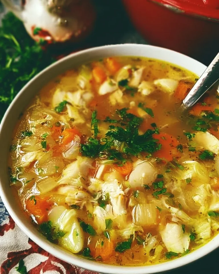 Bowl of easy homemade chicken soup with fresh ingredients