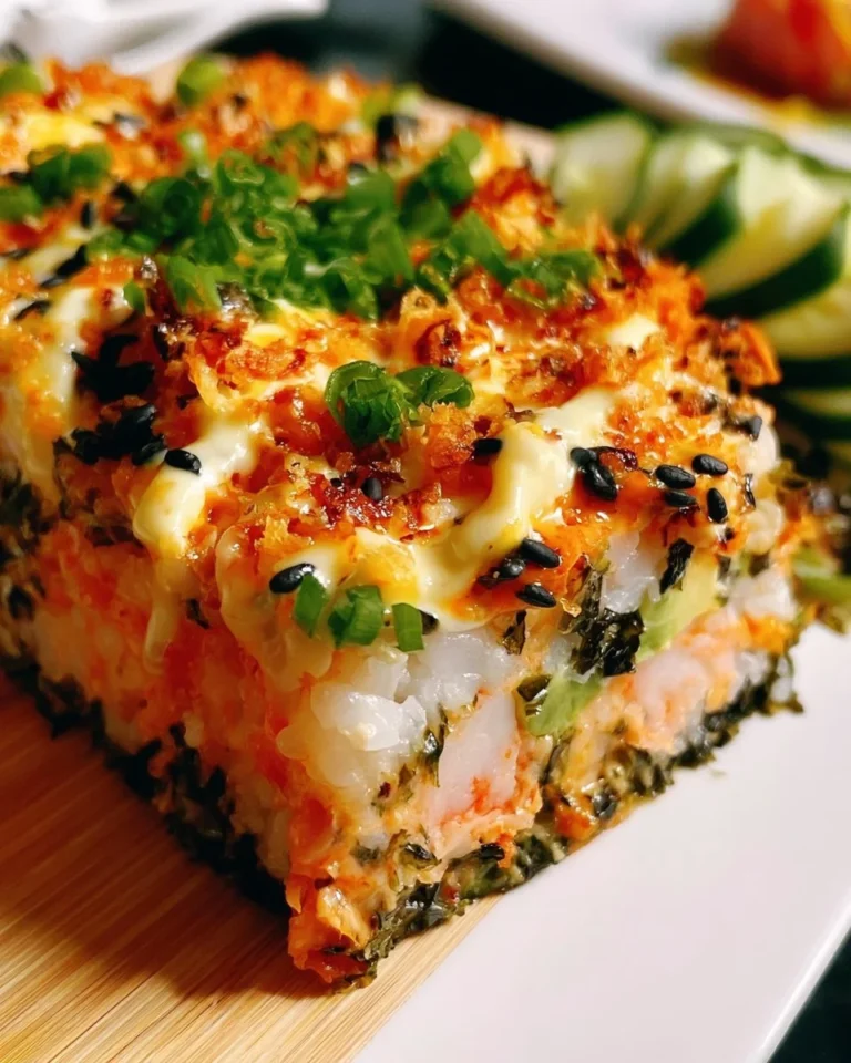 Delicious easy sushi bake recipe prepared in a baking dish