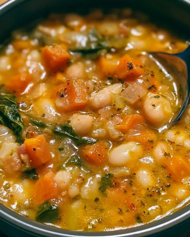 Bowl of flavorful white bean soup with herbs and vegetables