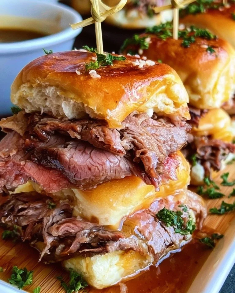 Delicious French Dip Sliders with thin steak on a platter, served with dipping sauce.