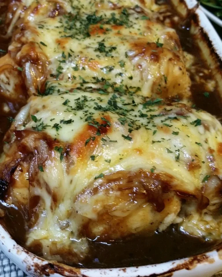 Savory French onion chicken bake topped with cheese and onions in a baking dish.