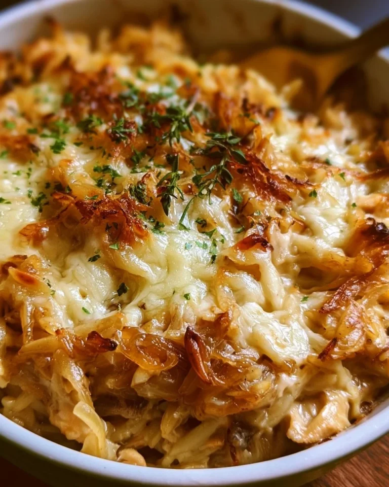 French Onion Chicken Orzo Casserole topped with melted cheese in a baking dish.