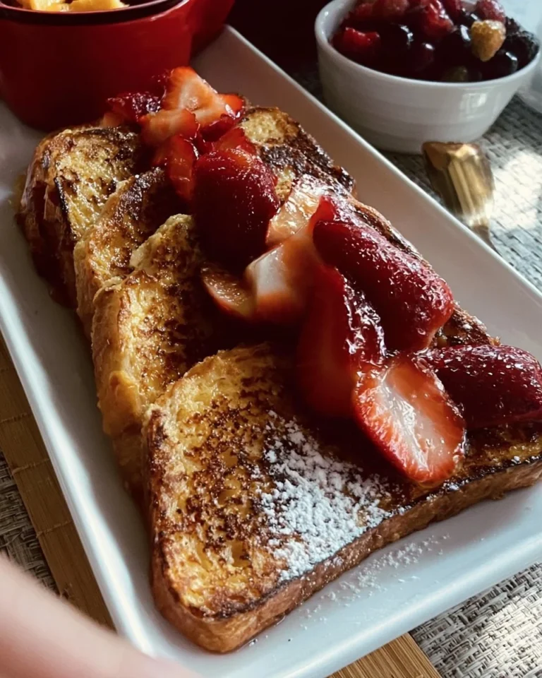 Delicious golden-brown French toast topped with syrup and berries