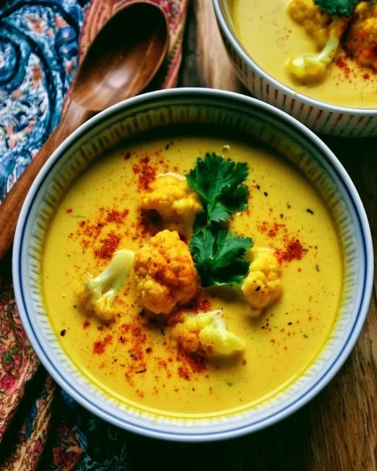 A bowl of Ginger Turmeric Cauliflower Soup garnished with fresh herbs