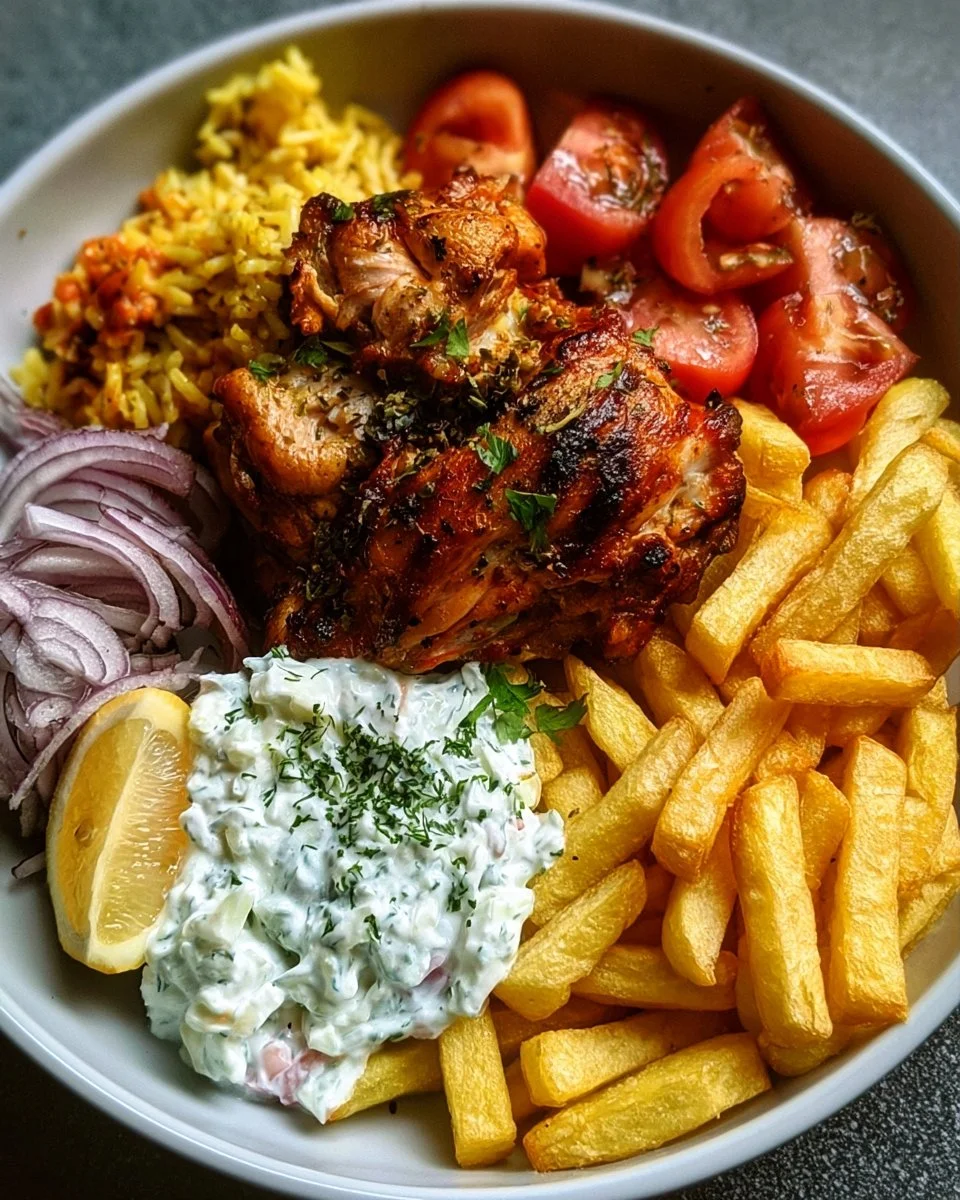 Greek-Style Chicken Plate with Tzatziki and Fries
