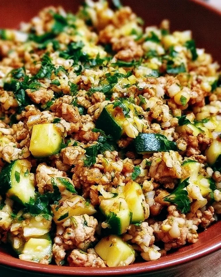 Ground Chicken Skillet with Zucchini and Rice dish featuring colorful ingredients in a pan.
