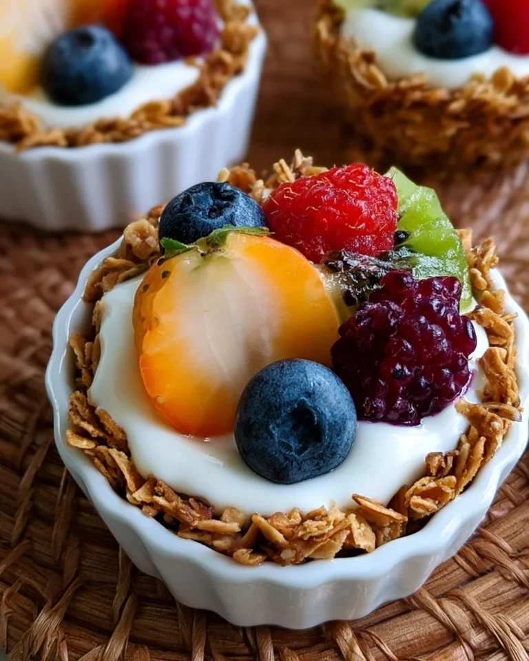 Healthy breakfast granola cups filled with yogurt and fresh fruit
