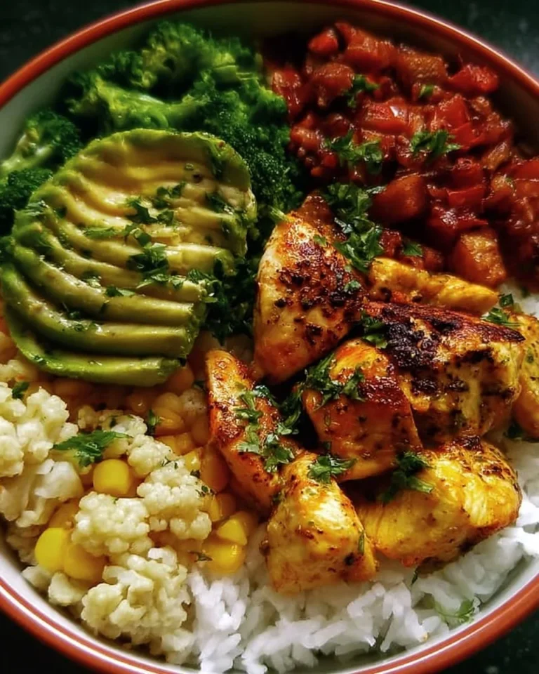 Healthy chicken rice bowl with fresh vegetables and flavorful sauce